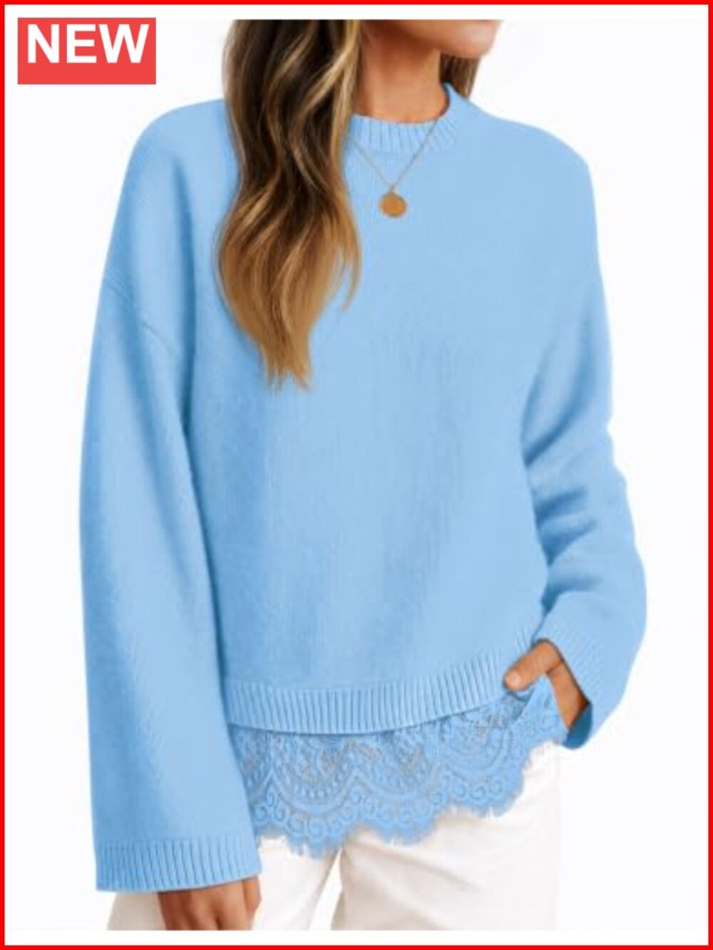 Lace Trim Pullover Sweater Crew Neck Drop Shoulder Knit Top